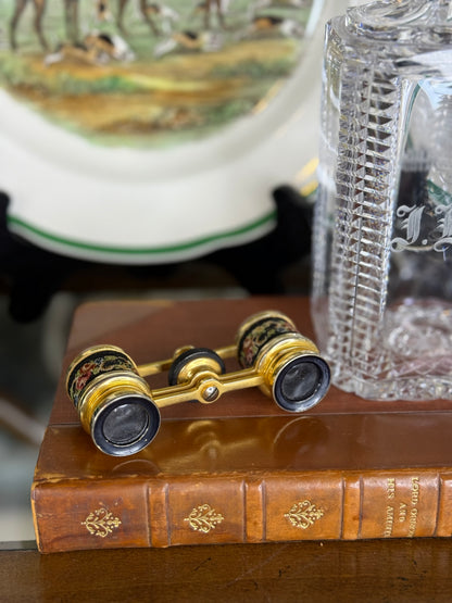 RESERVED - MOLLIE- Vintage French Petit-Point Opera Glasses, Floral Needlepoint & Gilt Metal Theater Binoculars, c.1930–1950, 3.5” W x 1.25” H