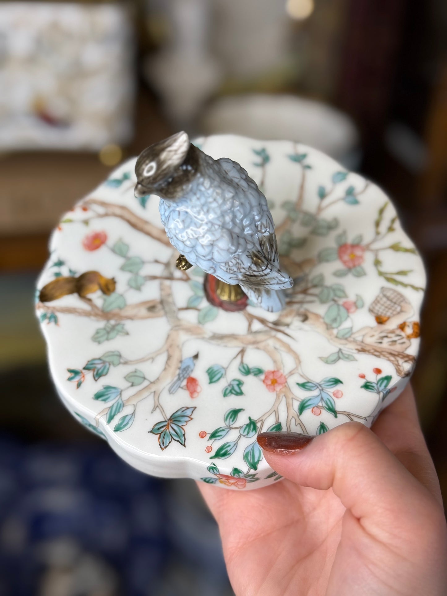 Danny’s Fine Porcelain | “Garden of Life” Porcelain Box with Bronze Ormolu & Bird Finial – 6”