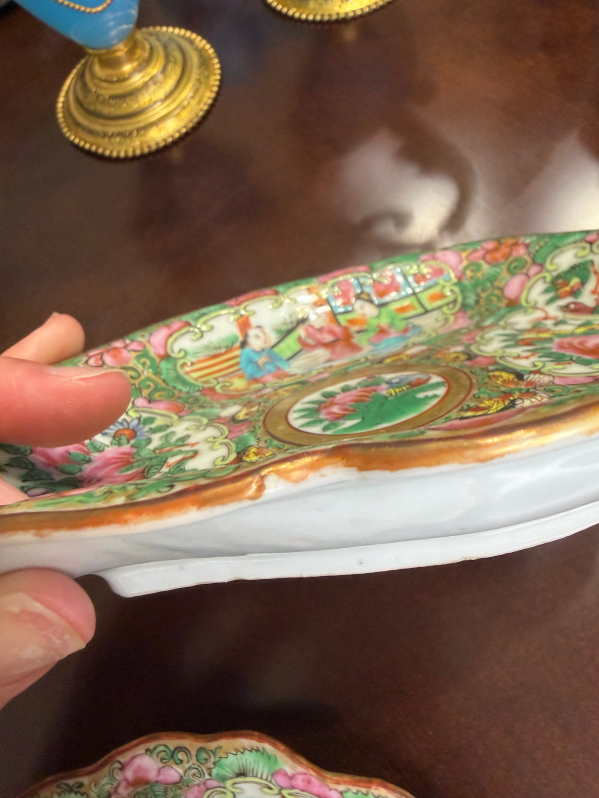 Antique Famille Rose leaf shaped dish with scalloped edges!