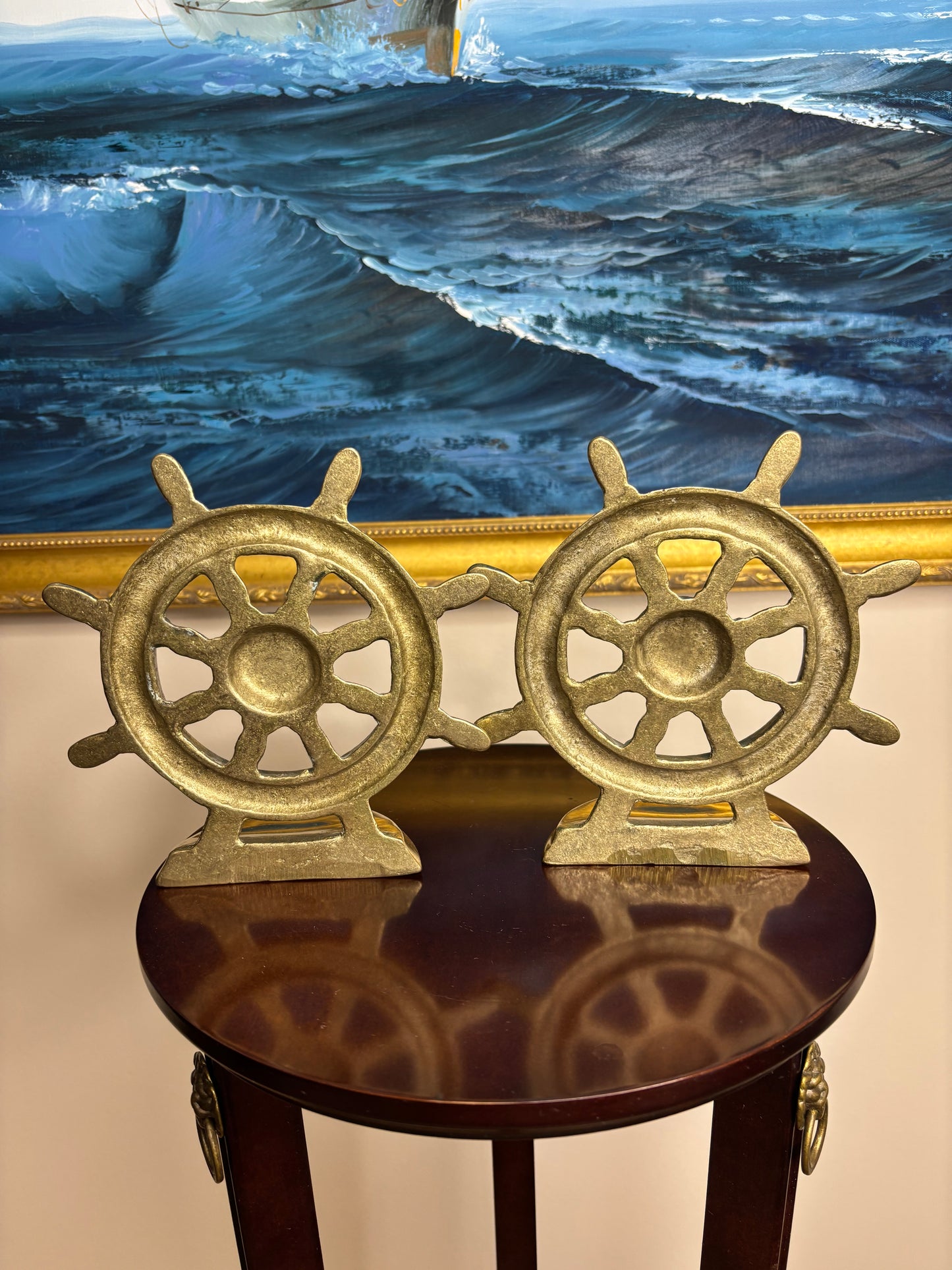 Beautiful pair of heavy brass ship wheel bookends pair!