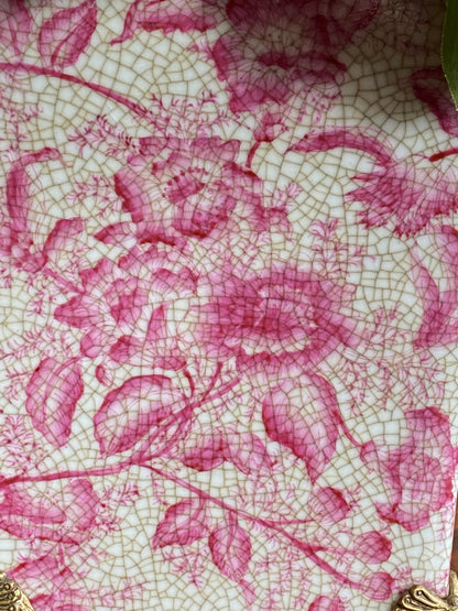 Danny's Fine Porcelain - Pink/White “Prim Rose” Bronze Footed Square Vase Planter - 8.5x6.5"