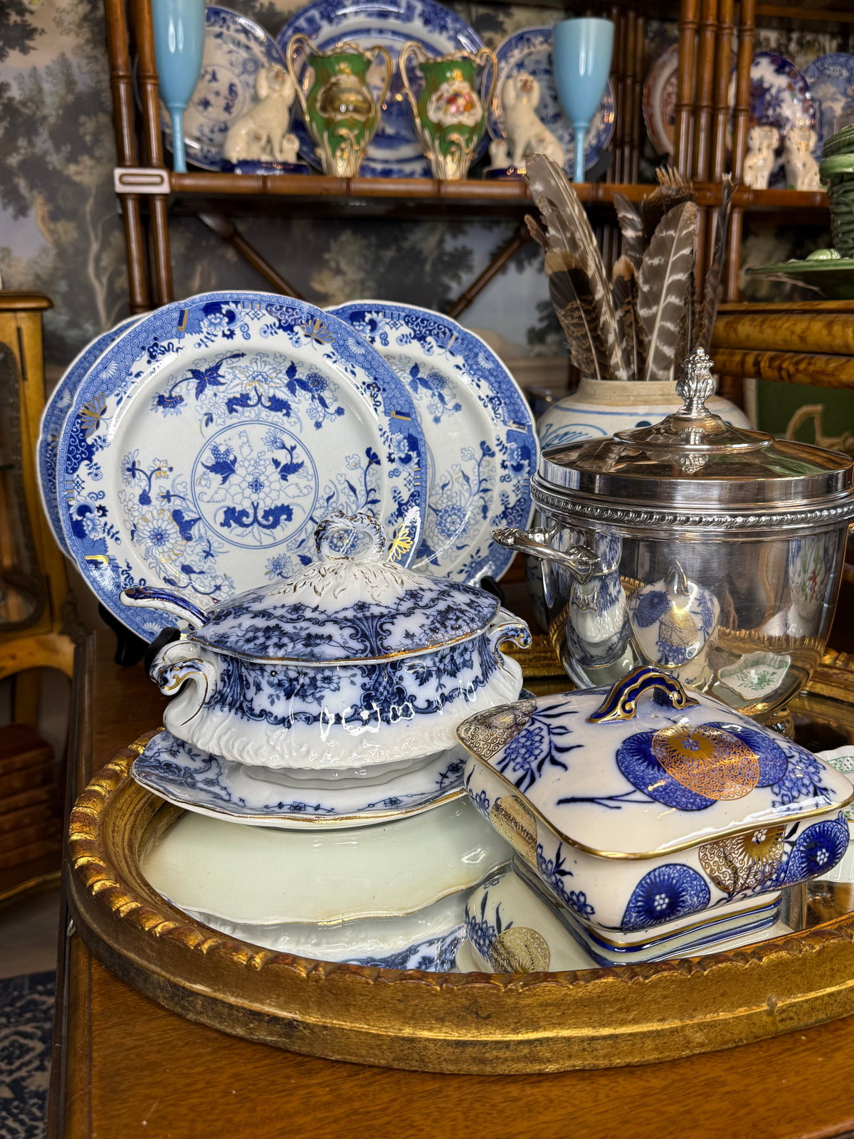 Antique Spode “Stone China” Blue & White Gilt Chinoiserie Dinner Plates – Set of 5 | Regency c.1815–1825 | 9.5” D