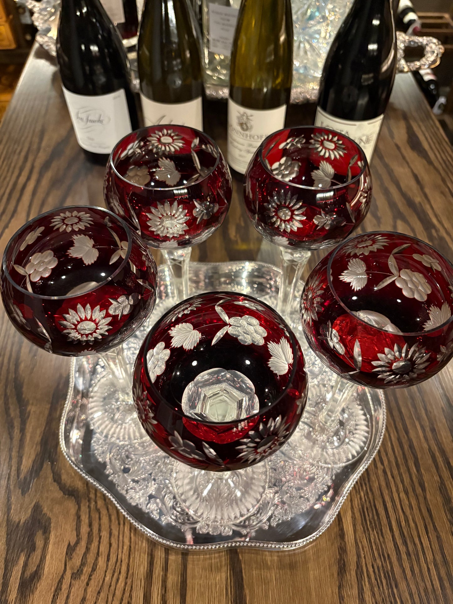 Set (6) Ruby cut to clear hock wine glasses