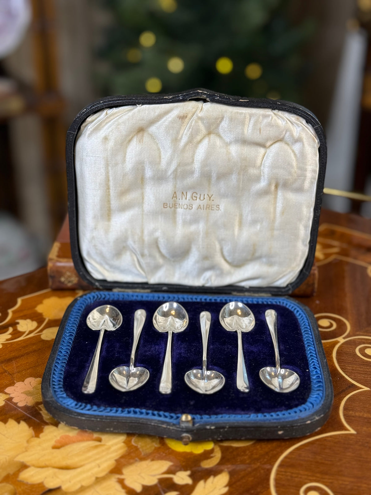 Antique Sterling Silver Heart-Shaped Coffee Spoons | Boxed Set of Six | A.N. Guy Buenos Aires | DA2652