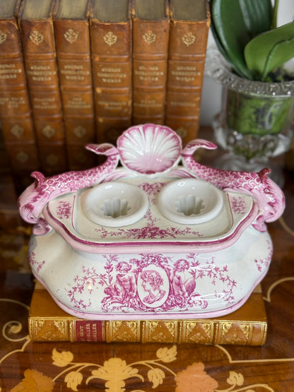 Antique French Pink Transferware Gien Faience Double Inkwell Stand with Dolphin Handles & Shell Pen Tray, c. 1875–1900, 8”W x 4”D x 5”H