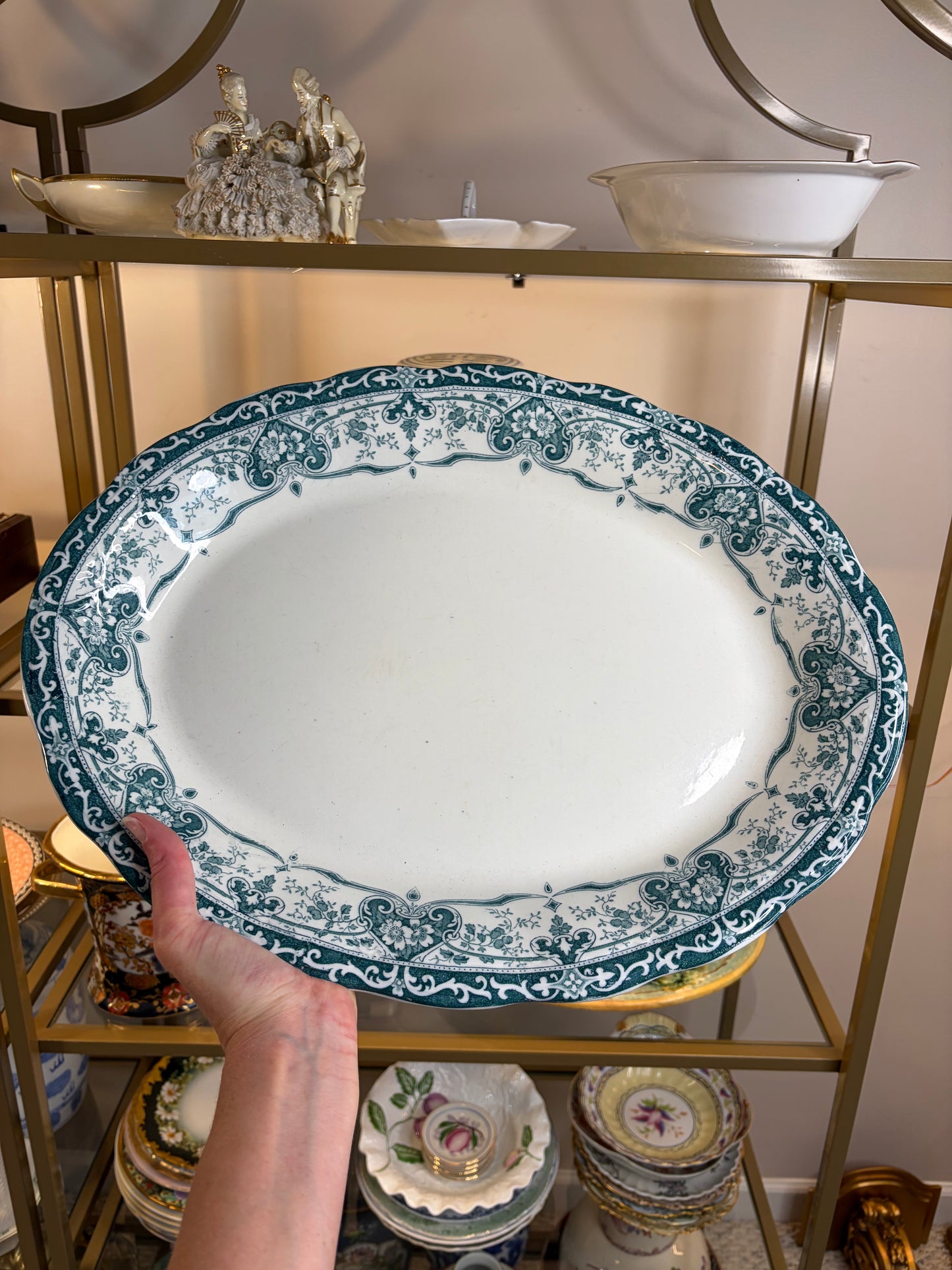 Stunning antique teal green large transferware platter!