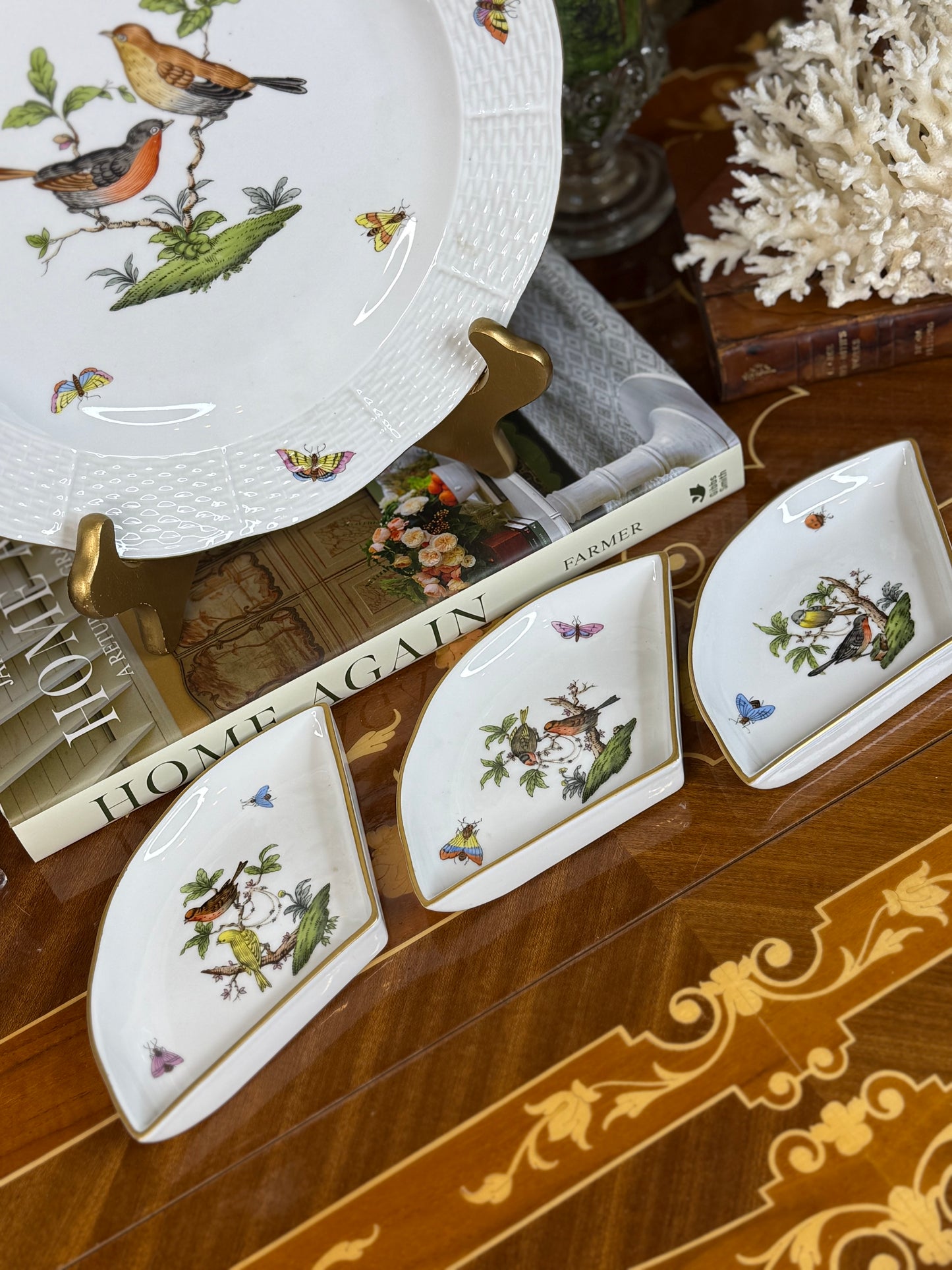 Herend Hungary Rothschild Hand-Painted Birds & Butterflies Divided Serving Platter with 3 Inserts | 10”