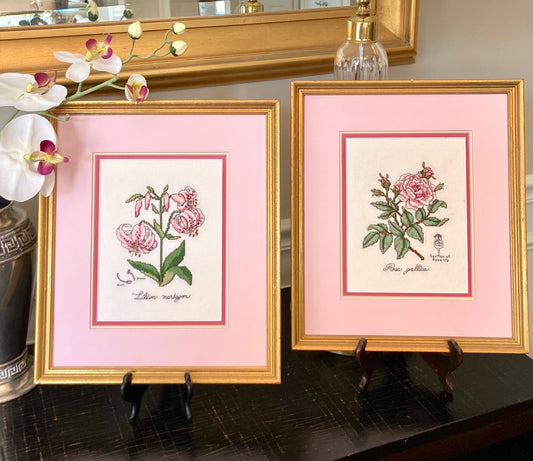 Pair Pink petty point perfection needlepoint vintage wall art