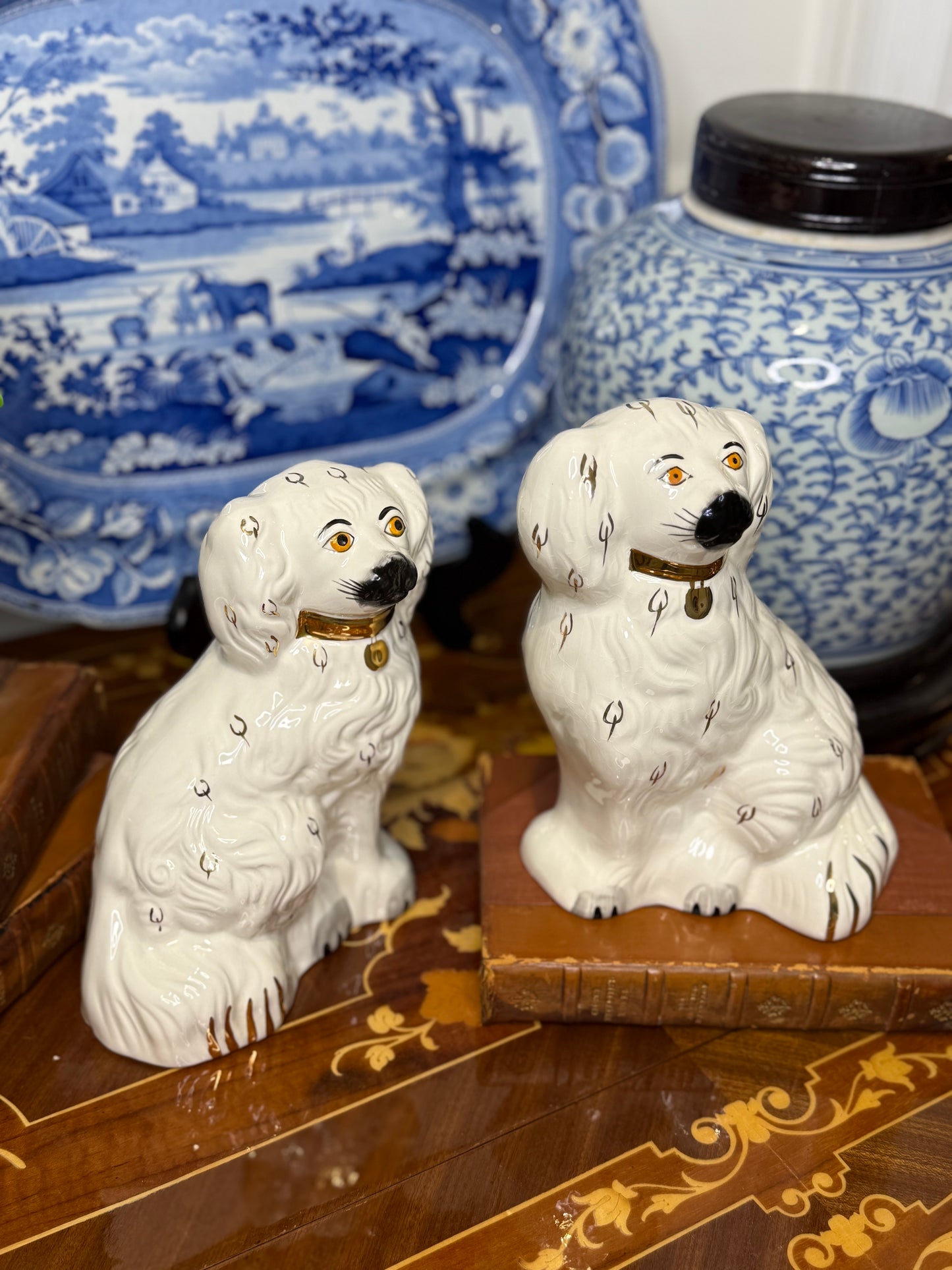 Pair of Beswick England Spaniel Figures | White Glaze with Gilt Collars | 8”