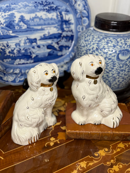 Pair of Beswick England Spaniel Figures | White Glaze with Gilt Collars | 8”