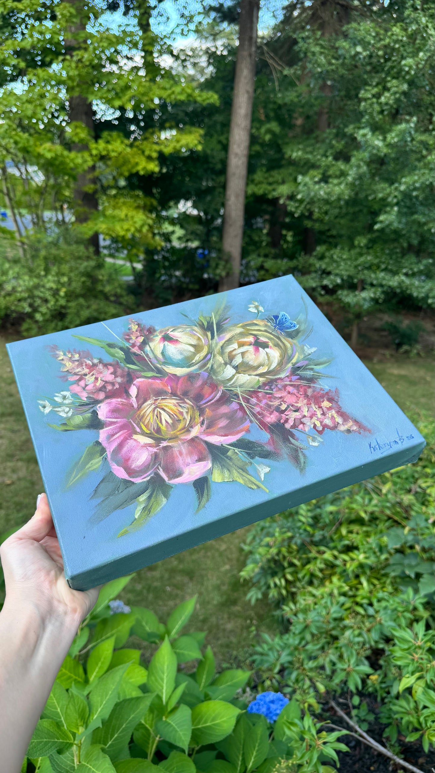 Pink and white peonies with pink hydrangeas original oil painting