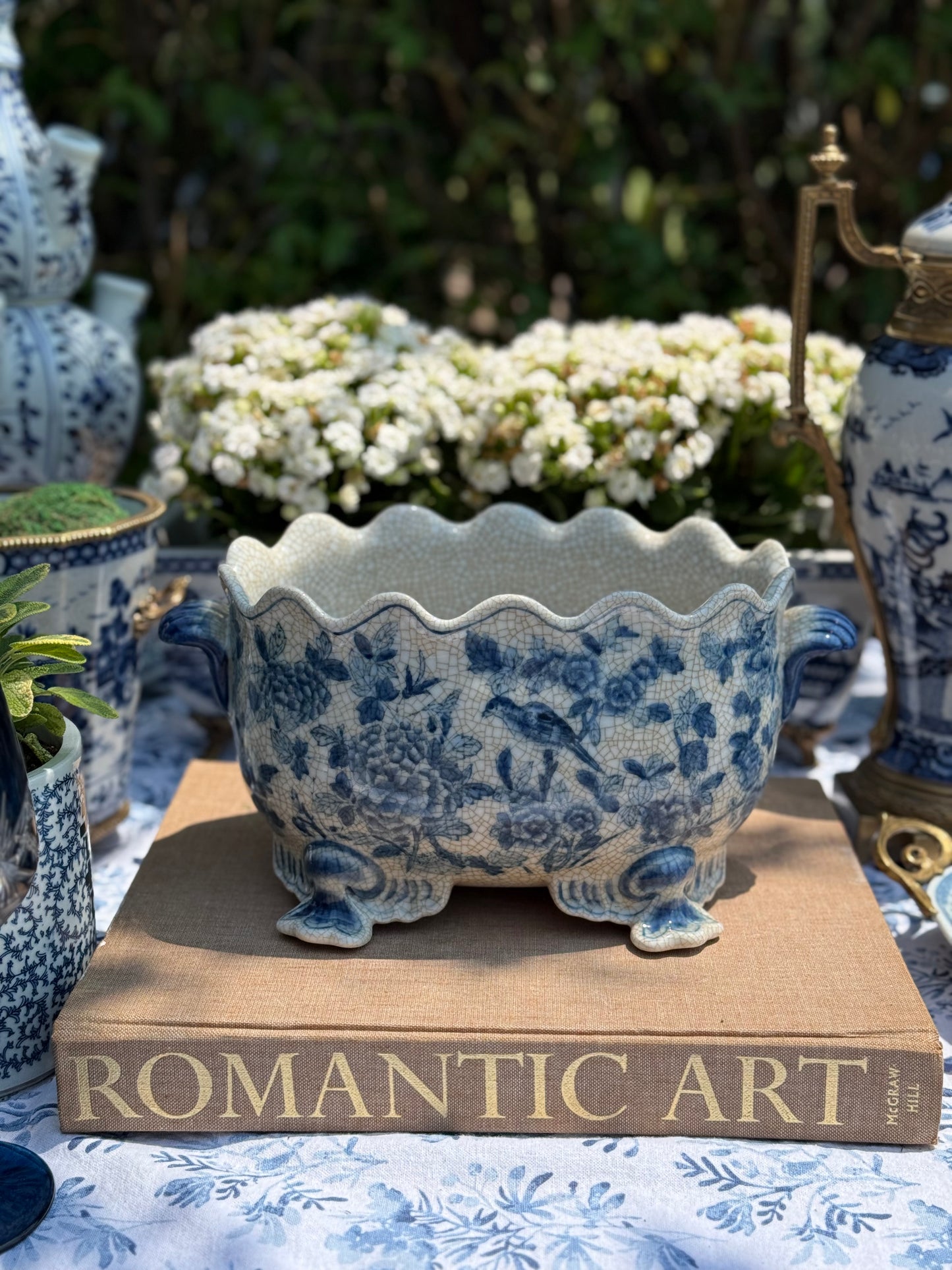 Danny's Fine Porcelain - SCALLOP EDGE PORCELAIN OVAL BASIN -BLUE BIRDS, 12L X 8W X 7H