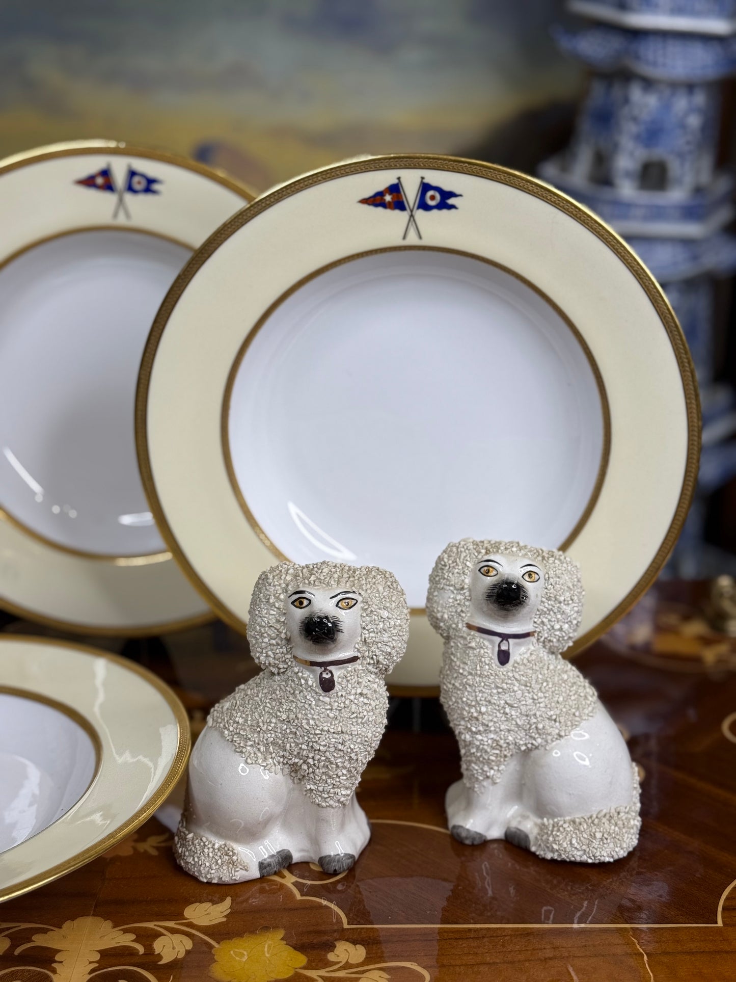 RARE Set (3) Wide-Rim Bowls, Antique Spode Copeland (custom order, 1927) Private yacht burgee service china - New York Yacht Club - PRISTINE!