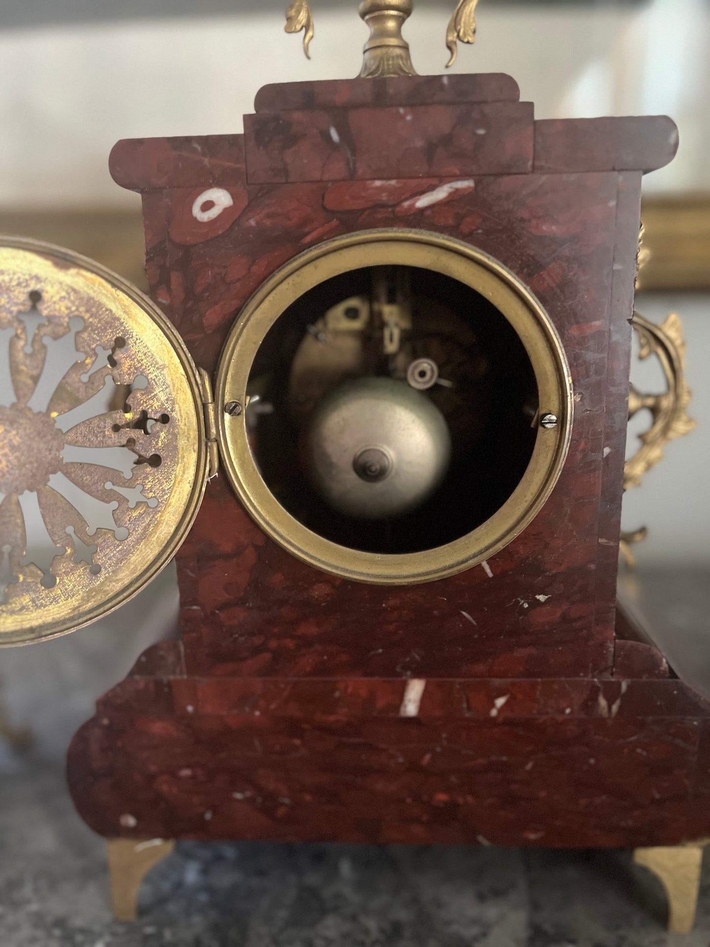 Exceptional Antique Rococo S. Marti France Rouge Griotte Marble And Bronze Ormulu Mantle Clock Circa 1860-1870