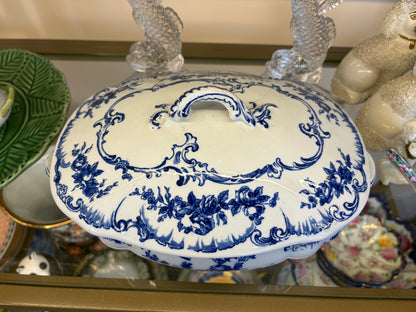 Stunning antique Ridgeways Royal Semi Porcelain lidded tureen in the Lorraine pattern, featuring intricate blue and white floral transferware and decorative side handles!