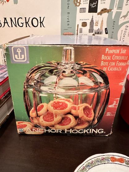 Vintage Glass Figural Pumpkin Candy Bowl w/Lid by Anchor Hocking, Made in USA, 7"