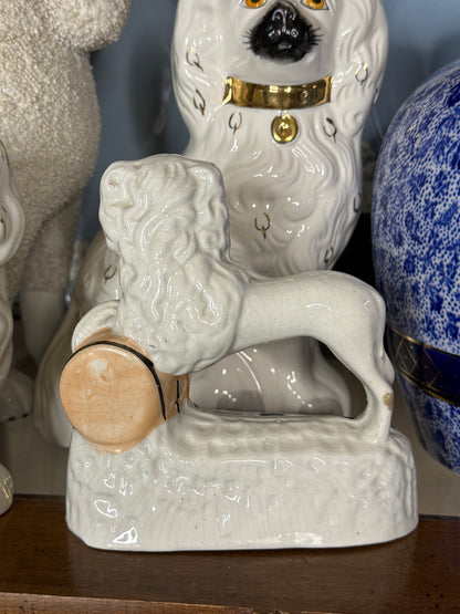 Antique Pair, 19th Century Staffordshire Spaniel Dogs with Puppy in Barrel #DA4422
