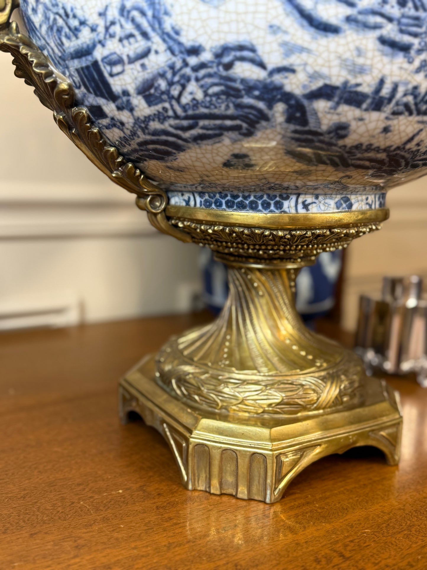 Danny's Fine Porcelain - X-Large Blue & White Basin W/ Bronze Ormolu, 23Lx16Wx17H