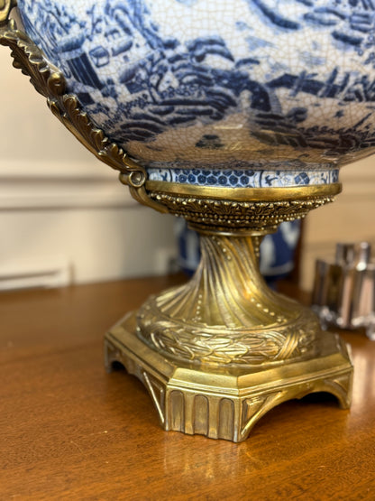 Danny's Fine Porcelain - X-Large Blue & White Basin W/ Bronze Ormolu, 23Lx16Wx17H