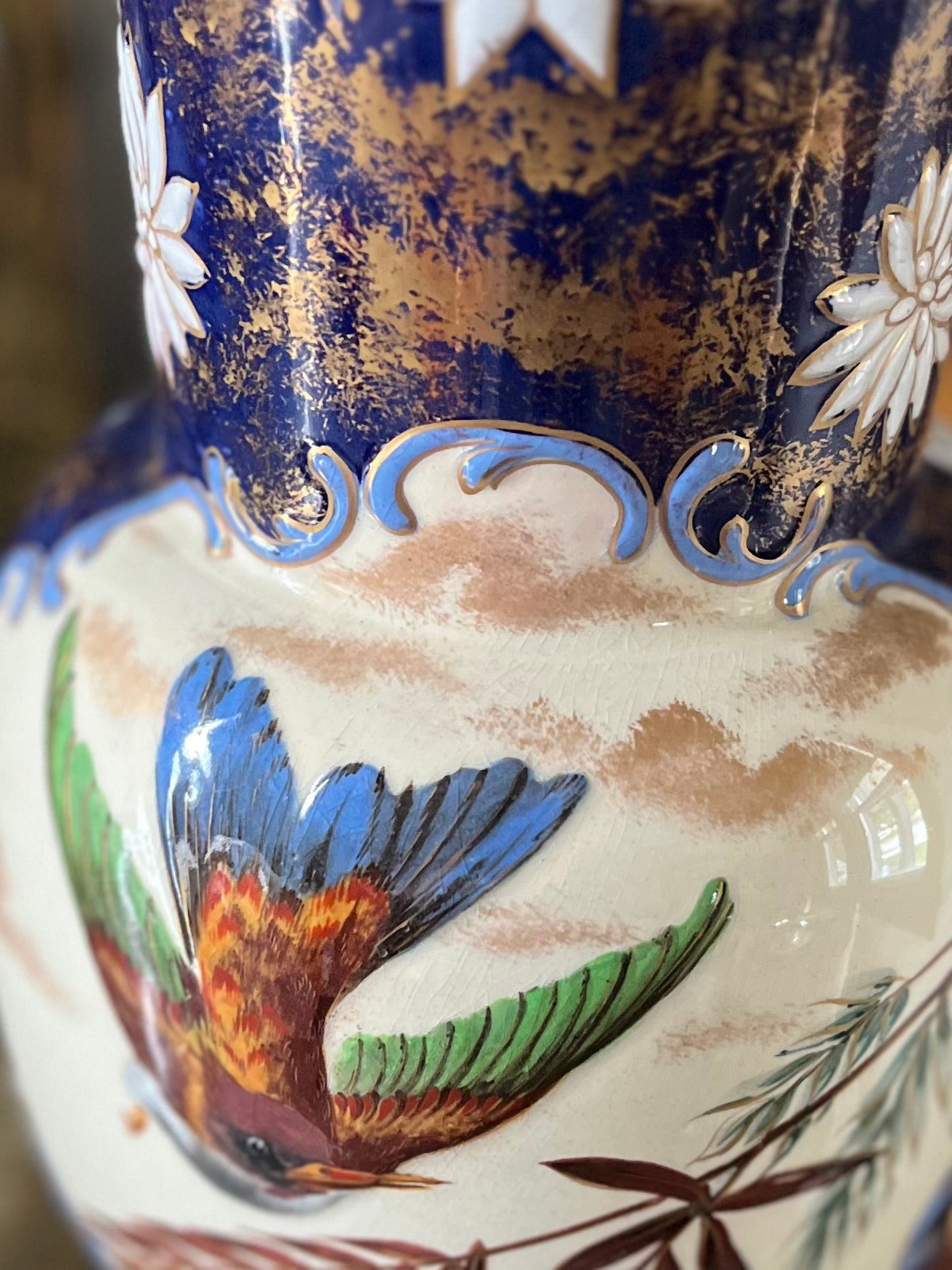 RESERVED - THERESA - Live 09/01 Antique English Aesthetic Movement Cobalt & Gilt Vase | Raised Bird, Dragonfly & Gilt-Sponge Decoration Circa 1870-1895