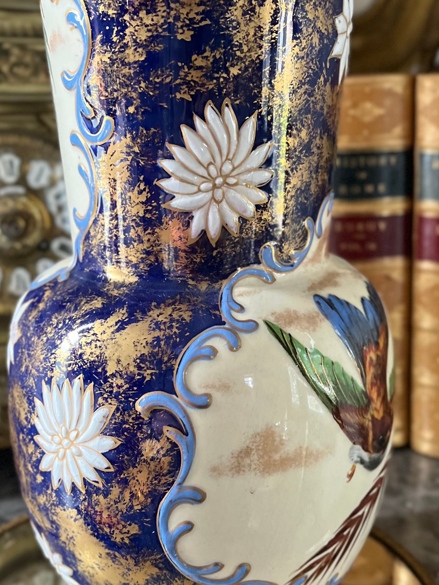 RESERVED - THERESA - Live 09/01 Antique English Aesthetic Movement Cobalt & Gilt Vase | Raised Bird, Dragonfly & Gilt-Sponge Decoration Circa 1870-1895
