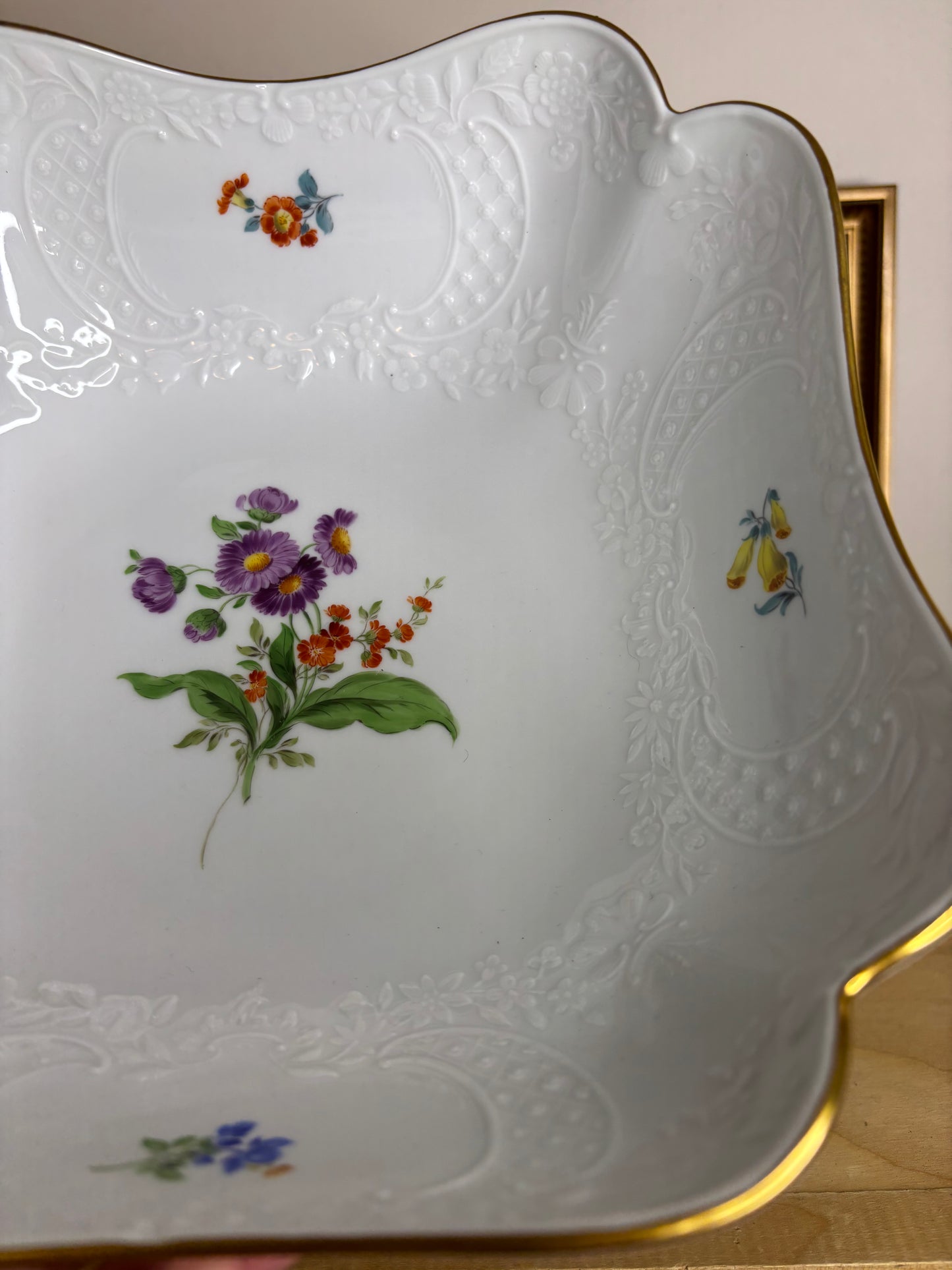 Lovely Meissen floral bowl with gold rim and embossed designs!