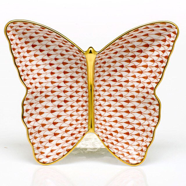 Herend Fishnet hand-painted porcelain with 24K gold: Butterfly Trinket Dish- 4.25″L X 1″