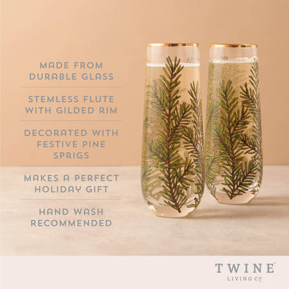 Woodland Evergreen Champagne Glasses with Gold Rim | Set of 2