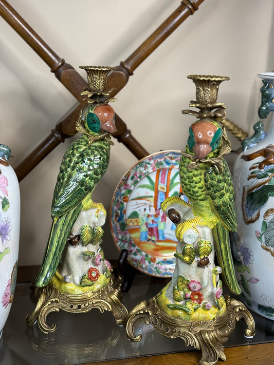 Danny's Fine Porcelain - 14.5” Tall Porcelain Parrot Candlestick Pair with Ormolu Mounts, Chinoiserie Rococo Style
