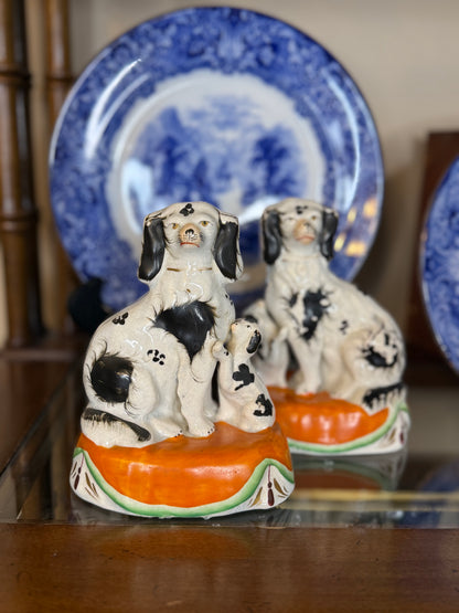 Antique 19th Century Staffordshire Spaniel Dog Figures with Puppies on Orange Cushions – Pair | 7” Tall #DA4423