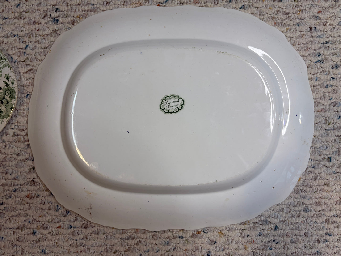 Stunning antique William Adams & Sons "Fountain Scenery" green and white transferware platter with strainer!