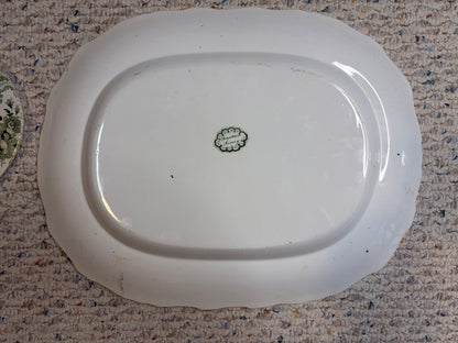 Stunning antique William Adams & Sons "Fountain Scenery" green and white transferware platter with strainer!
