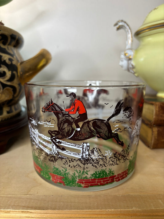 Vintage Hazel Atlas glass ice bucket with a fox hunting scene!