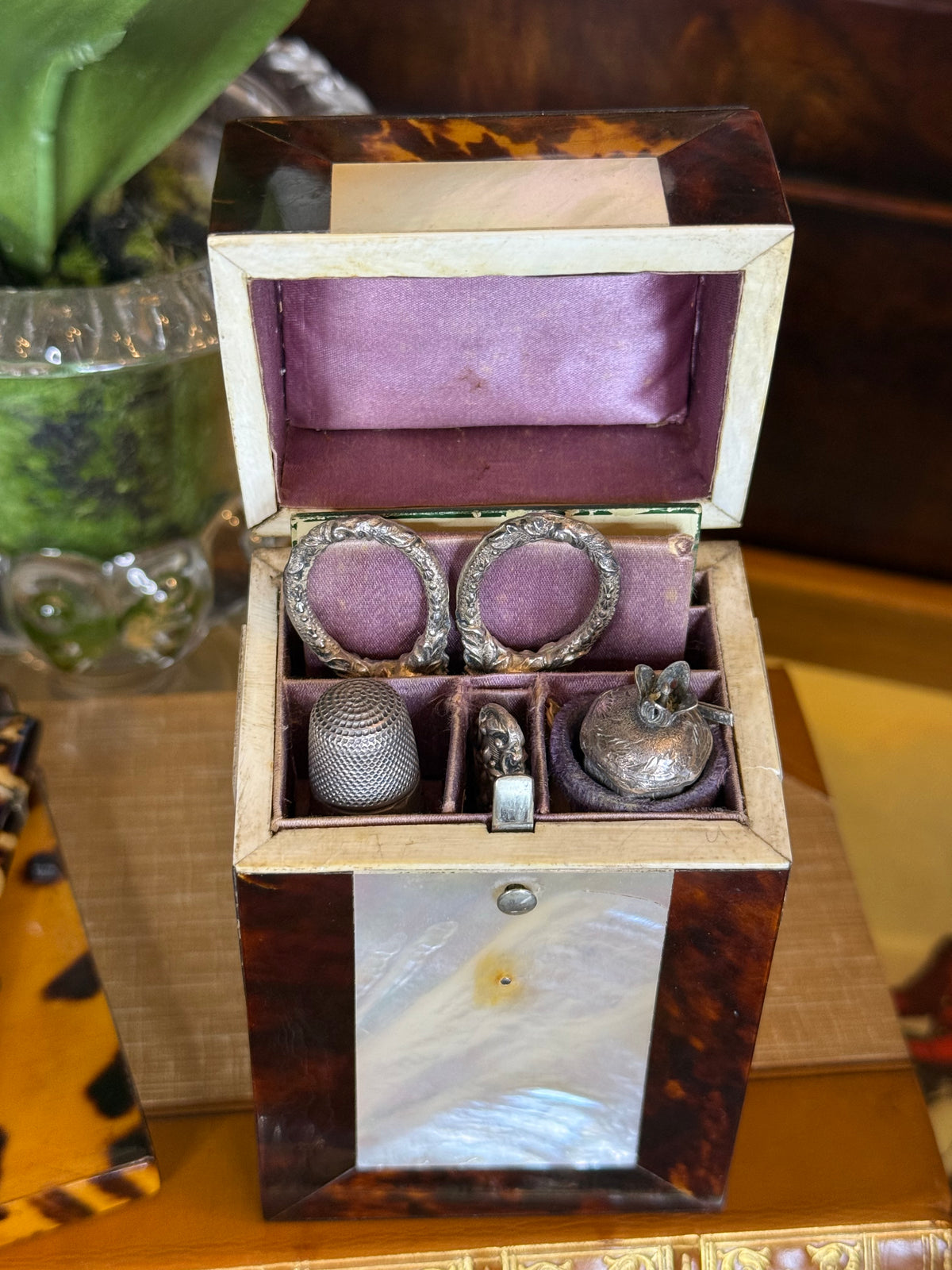 Antique Victorian Tshell & Mother-of-Pearl Sewing Etui | Complete Fitted Sewing Box | Lavender Satin Interior | Jackson-Mitchell Provenance | 4”