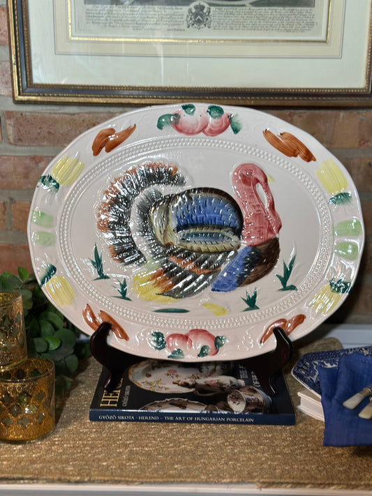 Vintage Colorful Ceramic Turkey Platter, 18x13" - Pristine!