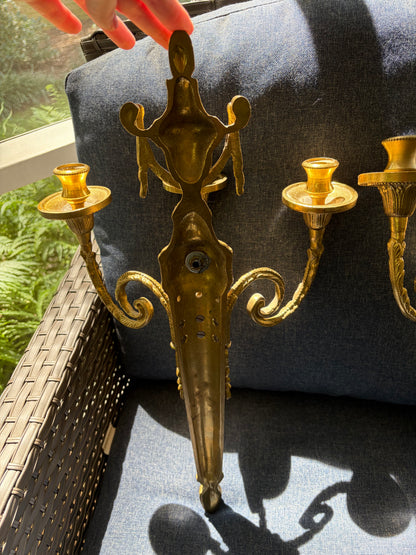 Stunning Louis XVI style ornate brass sconces pair with 3 arms!