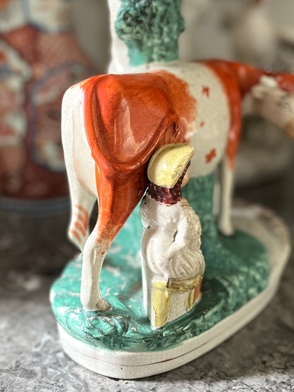 Live 07/28 Rare Antique Staffordshire Cow & Milkmaid Spill Vase | Large Figural Pottery | c.1840–1860 | 10 7/8”H