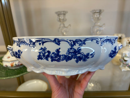 Stunning antique Ridgeways Royal Semi Porcelain lidded tureen in the Lorraine pattern, featuring intricate blue and white floral transferware and decorative side handles!