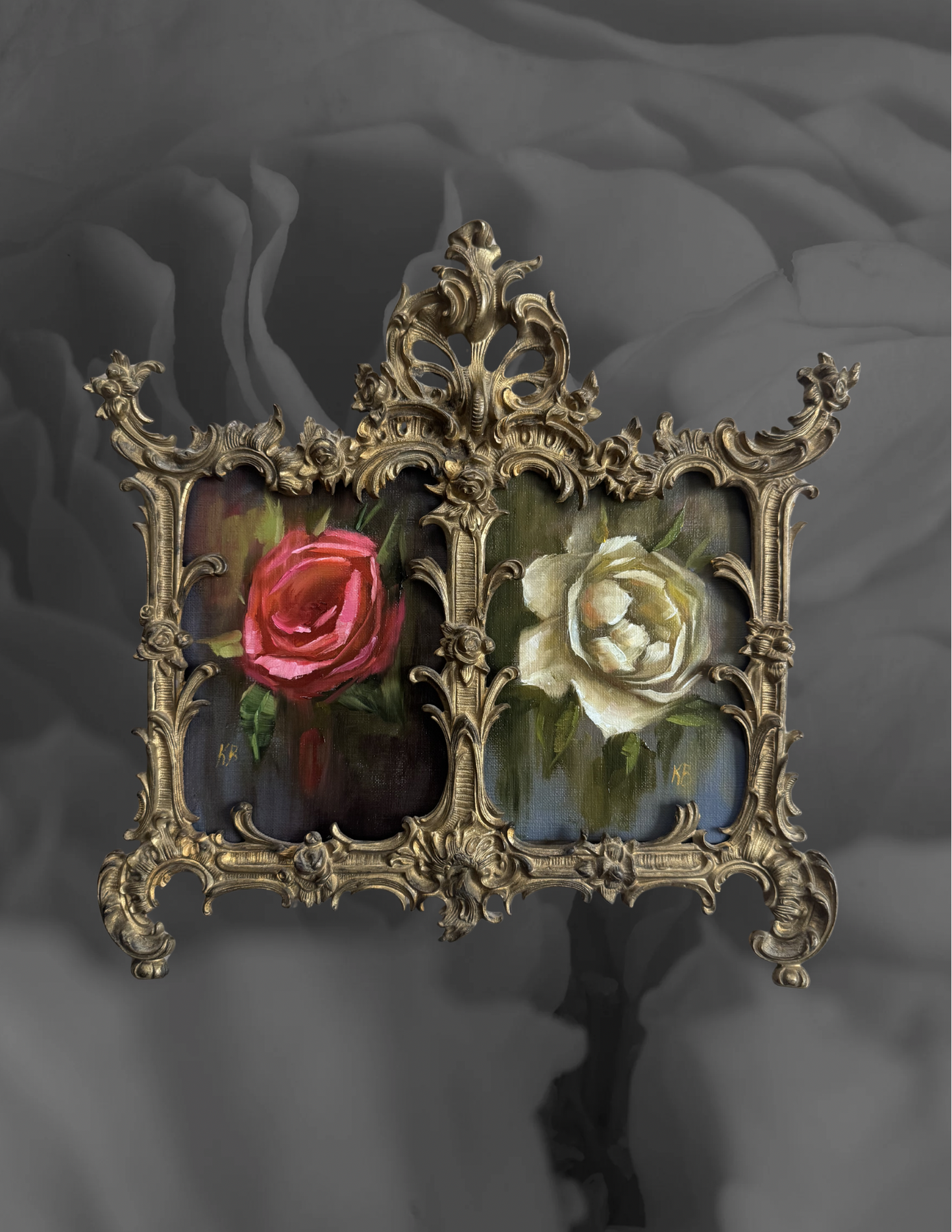 Red and white rose original oil on board in antique double frame￼