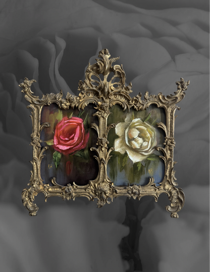 Red and white rose original oil on board in antique double frame￼