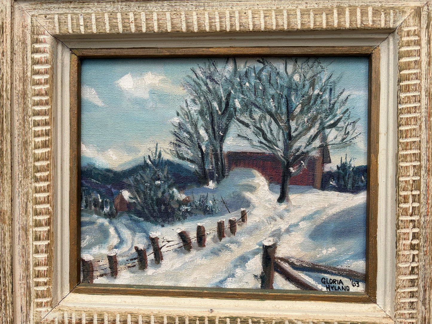 Lovely original signed and framed painting of snowy cabin scene!