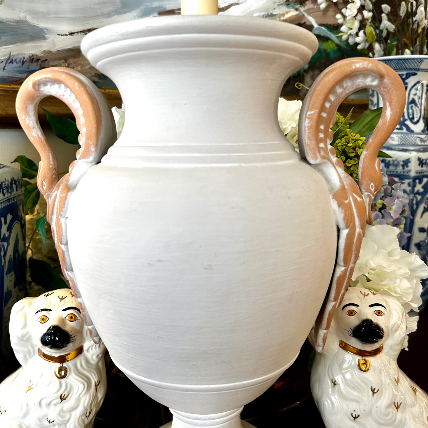 Ultra chic Stunning swan double handle ceramic  trophy lamp with lucite base. .
