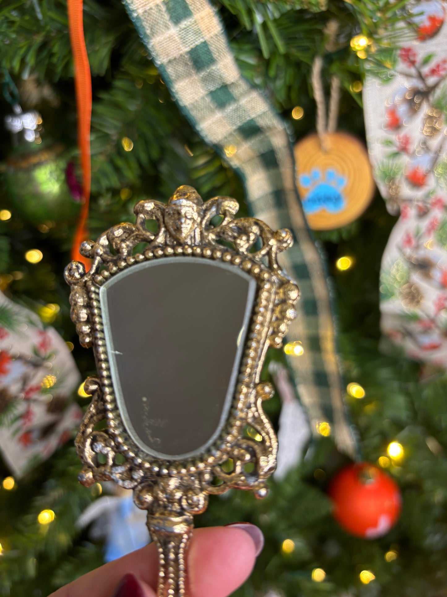 Antique ornate ormolu mini handheld mirror!