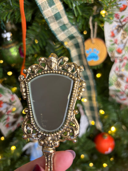 Antique ornate ormolu mini handheld mirror!