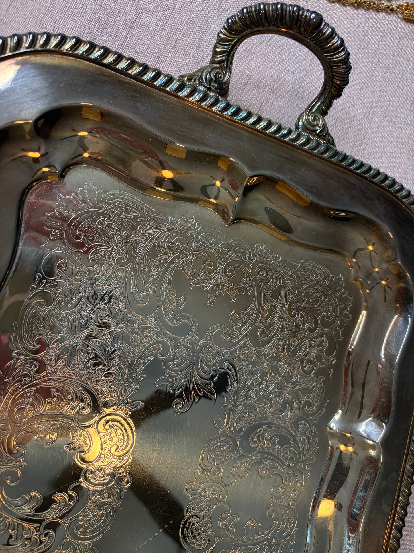 Lovely engraved 1935 silverplate over copper tray with handles!