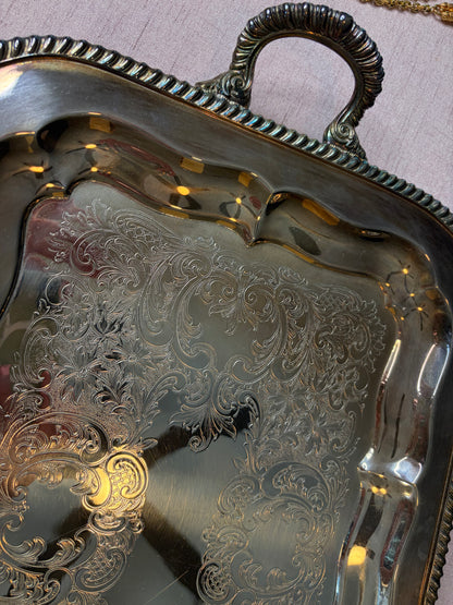 Lovely engraved 1935 silverplate over copper tray with handles!