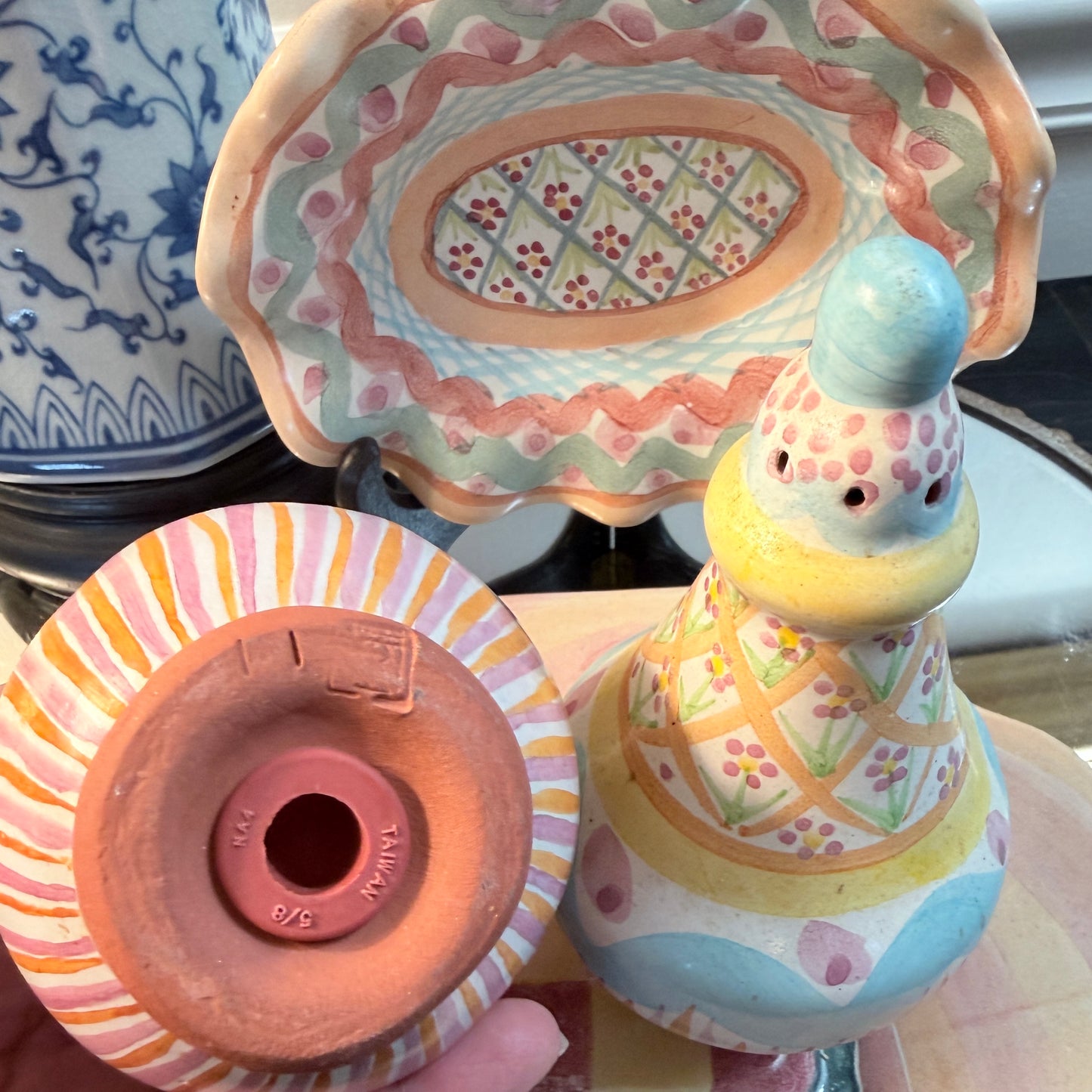 Vintage Painted glass  MacKenzie-Childs salt & pepper set
