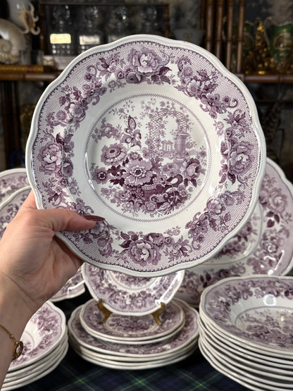 39 Pieces, Circa 1840 | Antique English Staffordshire “Canton Garden”Lavender/ Mulberry Transferware Dinner Service