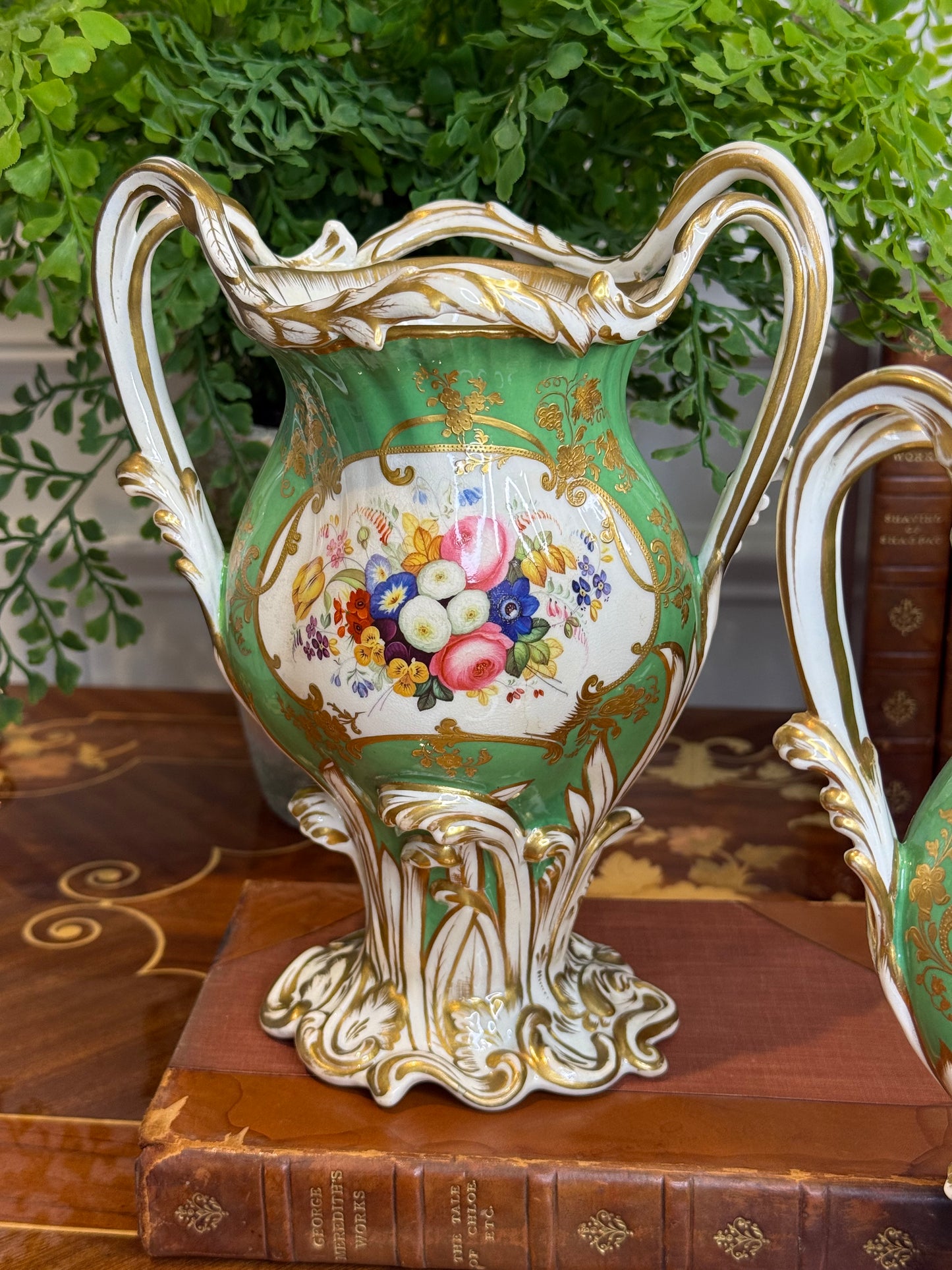 Rare Antique Pair of H.& R. Daniel Apple Green Scenic Vases | Named Views of Attingham Park, Shropshire | English Porcelain | c. 1840 | 8.5"H x 6.5"W x 4" | Style DA4447 (Copy)