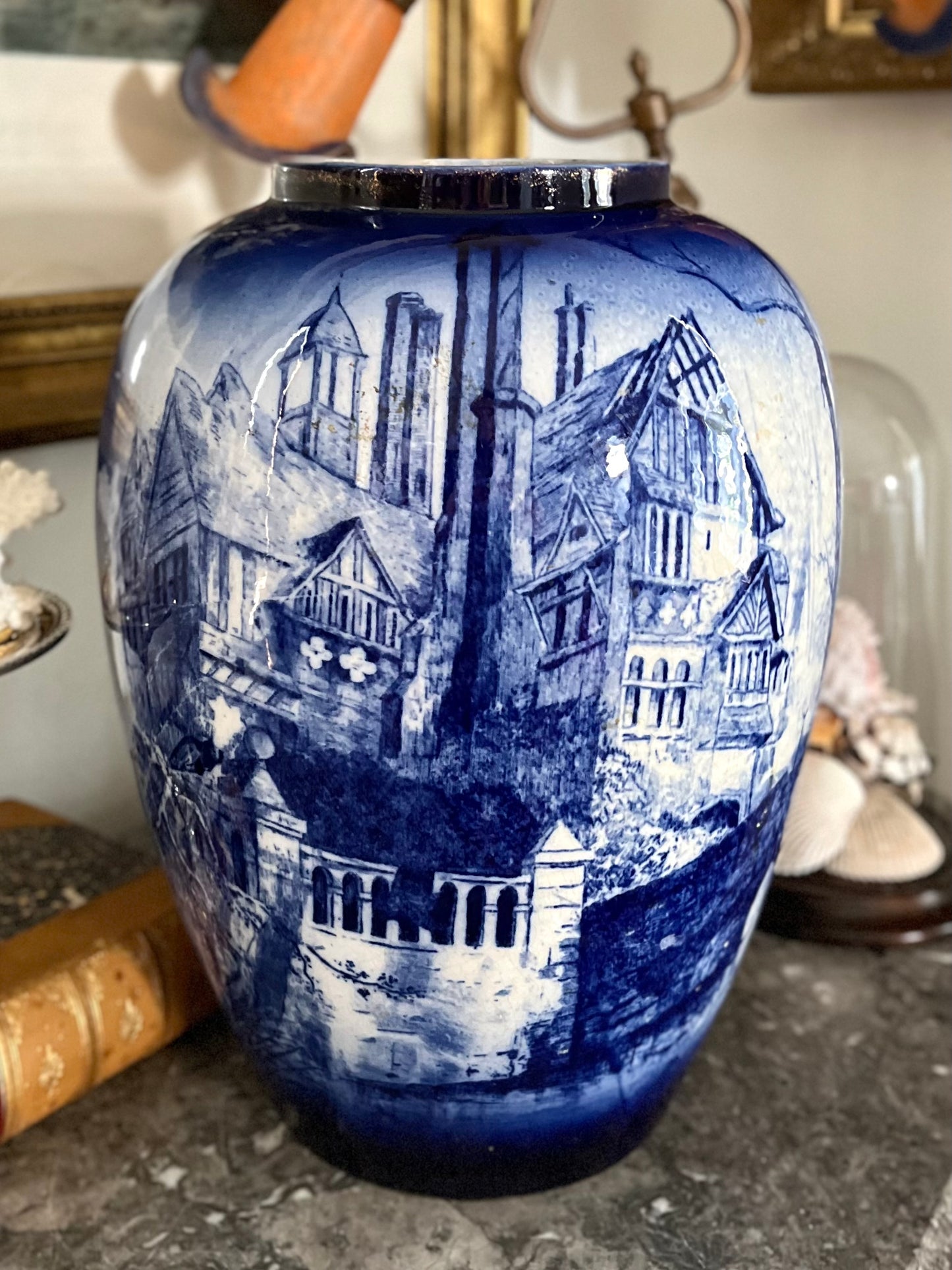 Live 08/28 Rare Antique Doulton Burslem England Extra Large Blue & White Transferware Vase | Late 1800s